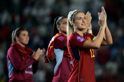 Spain midfielder Alexia Putellas and her teammates celebrate their UEFA Women's Nations League win over Switzerland in Cordoba, Spain, on Tuesday.