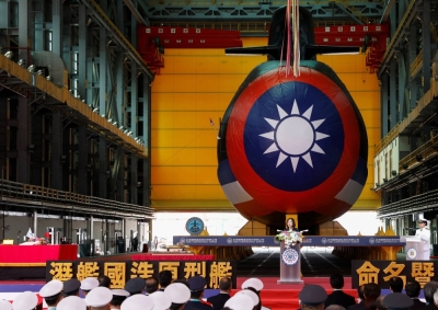 Taiwanese President Tsai Ing-wen attends the launching ceremony of Hai Kun, the island's first domestically built submarine, in Kaohsiung, Taiwan, on Thursday.