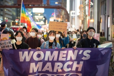 Demonstrators during a Women's Day march in Tokyo on March 8