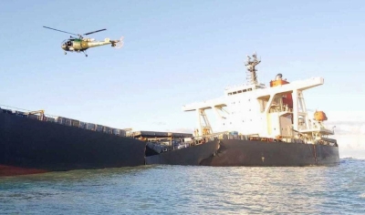 Japanese cargo ship Wakashio is seen broken into two off the coast of Mauritius on Aug. 15, 2020.