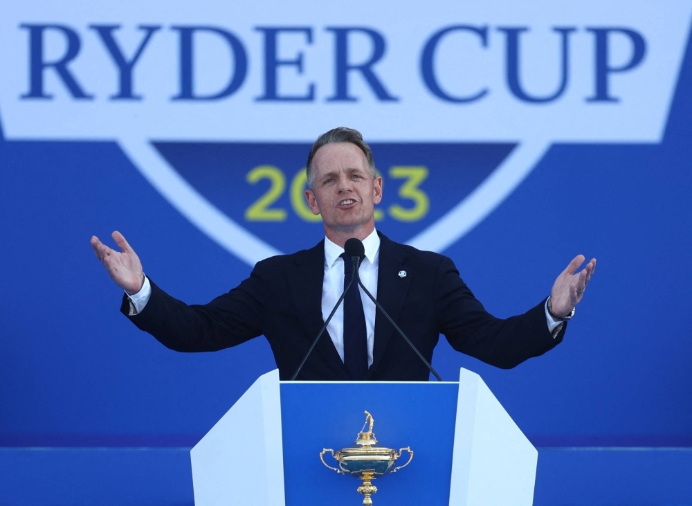 Europe captain Luke Donald speaks during the opening ceremony for the Ryder Cup in Rome on Thursday.