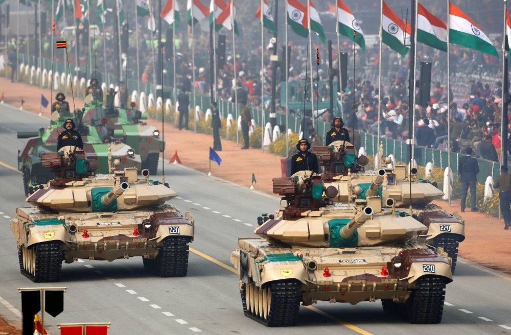 Indian Army tanks are displayed during the full dress rehearsal for the Republic Day parade in New Delhi, in January 2021.
