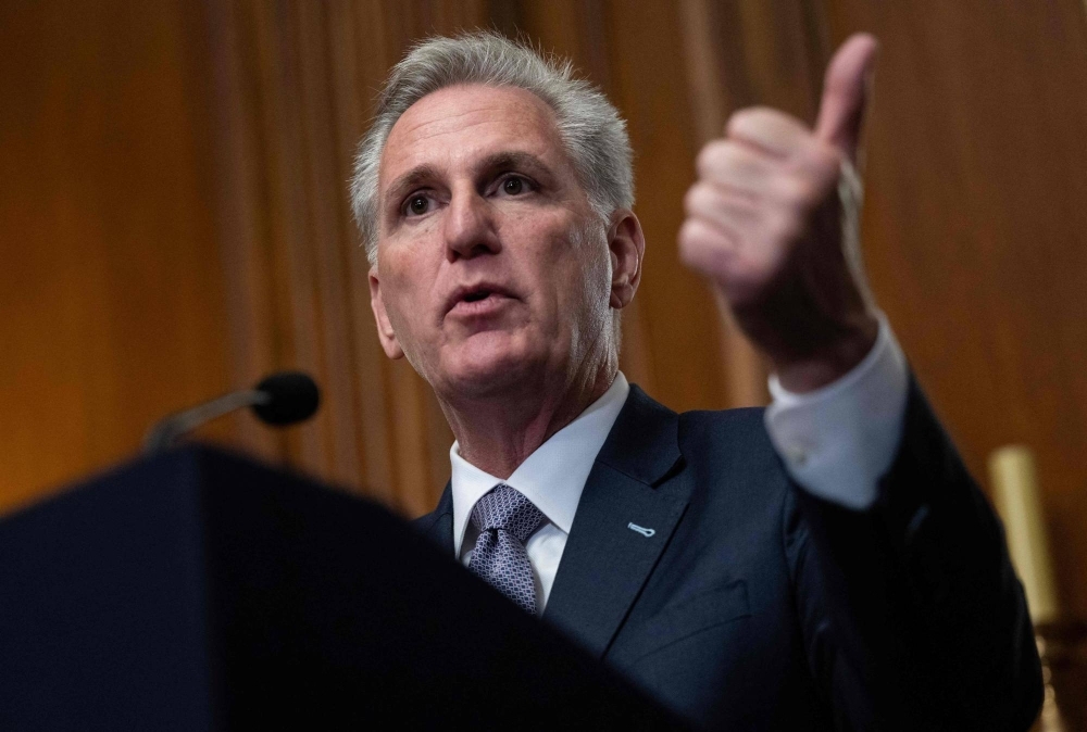 U.S. Speaker of the House Kevin McCarthy talks to reporters on Capitol Hill in Washington on Saturday.