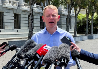 New Zealand Prime Minister Chris Hipkins speaks to members of the media earlier this year in Wellington. 