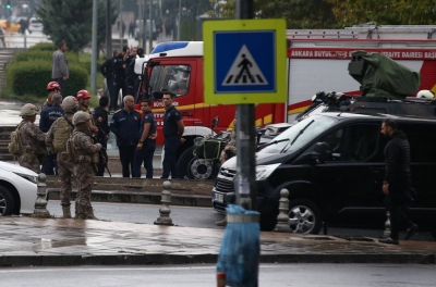 Turkish Police Special Forces secure the area near the Interior Ministry following a bomb attack in Ankara on Sunday.  