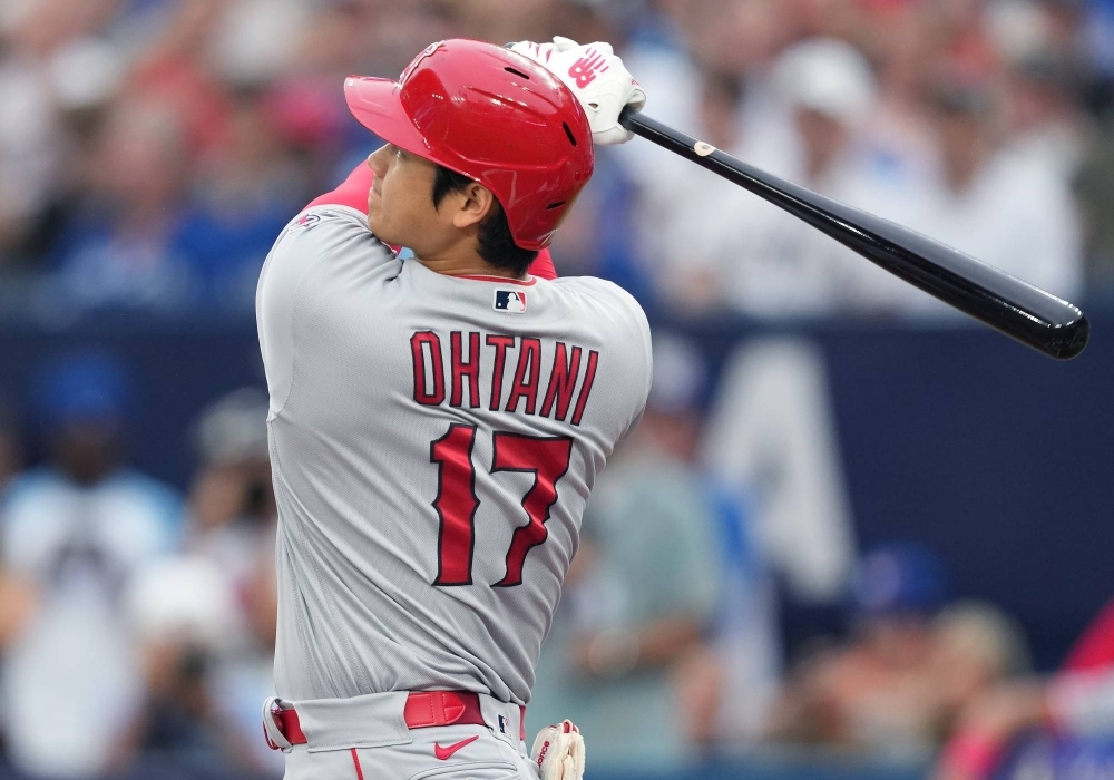 Los Angeles Angels designated hitter Shohei Ohtani hits a home run against the Toronto Blue Jays at Rogers Center in Toronto on July 28.