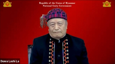 A video grab shows the acting President of Myanmar's National Unity Government, Duwa Lashi La, speaking during an interview from an undisclosed location in Myanmar, in November 2022.