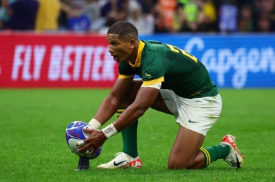 South Africa's fly-half Manie Libbok prepares a kick during the France 2023 Rugby World Cup Pool B match between South Africa and Tonga at Stade Velodrome in Marseille, France, on Sunday.