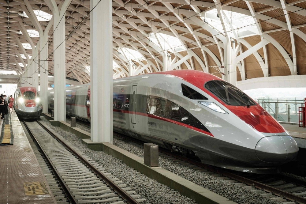 The Jakarta-Bandung high-speed trains named "Whoosh" at Halim station in Jakarta on Monday.