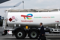 A TotalEnergies tanker truck with sustainable aviation fuel at the 54th International Paris Airshow near Paris on June 19 | REUTERS
