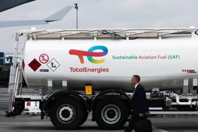 A TotalEnergies tanker truck with sustainable aviation fuel at the 54th International Paris Airshow near Paris on June 19