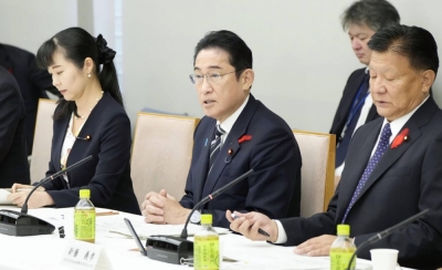 Prime Minister Fumio Kishida speaks at a government panel meeting on measures to tackle Japan's declining birthrate on Monday.