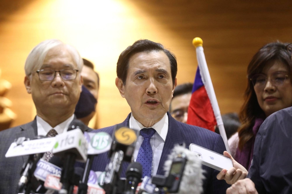 Former Taiwanese President Ma Ying-jeou speaks to members of the media at Taoyuan International Airport on April 7 after a 12-day trip to China.