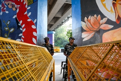 Paramilitary personnel at a security checkpoint ahead of the G20 summit in New Delhi on Sept. 8.