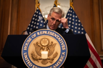 Rep. Kevin McCarthy speaks at the Capitol after he was ousted as speaker of the House, in Washington on Tuesday. The ouster is without precedent in modern U.S. history and leaves the chamber without a leader, plunging it into chaos.