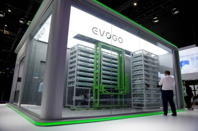 Chinese battery manufacturer Contemporary Amperex Technology displays its EVOGO battery swap solution at the Auto Shanghai show in April. There are concerns that the company is trying to team up with a U.S. firm to avoid U.S. sanctions.