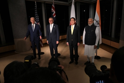 U.S. President Joe Biden (left), Prime Minister Anthony Albanese of Australia (center left), Prime Minister Fumio Kishida of Japan (center right) and Prime Minister Narendra Modi of India (right) participate in a Quad Leaders' meeting on May 20 in Hiroshima.