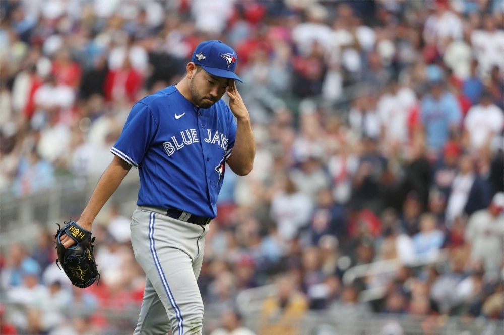 Blue Jays pitcher Yusei Kikuchi leaves the mound during the fifth inning against the Twins during Game 2 of their playoff series in Minnesota on Wednesday. The Twins won 2-0.