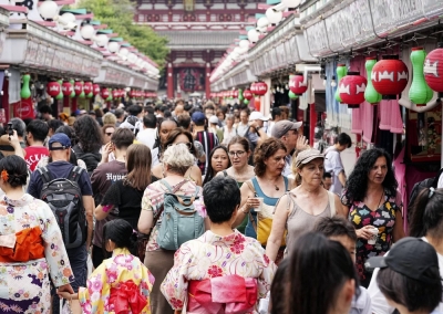 The Nakamise shopping street running up to Senso-ji temple in Tokyo's Asakusa area was crowded with tourists this past summer. 