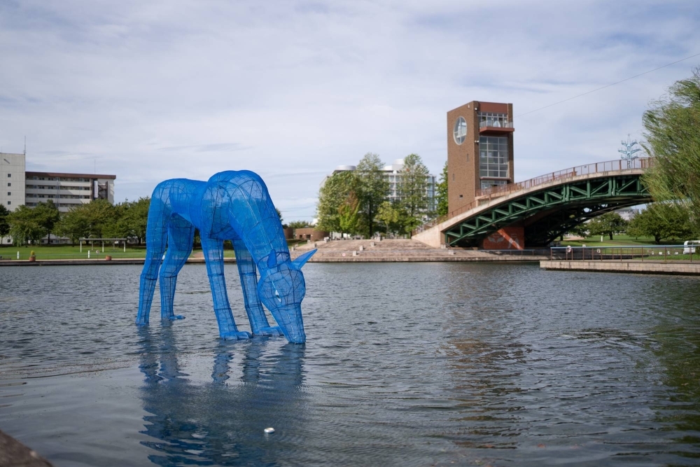 Mysteriously suspended on the water of the Fugan Canal in Kansui Park, Hiroko Kubo’s “Mountain Dogs” (2023) are made from materials that reflect the industries of Toyama.
