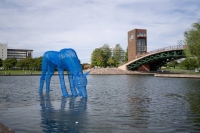 Mysteriously suspended on the water of the Fugan Canal in Kansui Park, Hiroko Kubo’s “Mountain Dogs” (2023) are made from materials that reflect the industries of Toyama. | MASAHIRO KATANO
