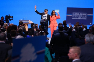 U.K. Prime Minster Rishi Sunak, left, and his wife Akshata Murty, on the closing day of the Conservative Party Conference in Manchester on Wednesday