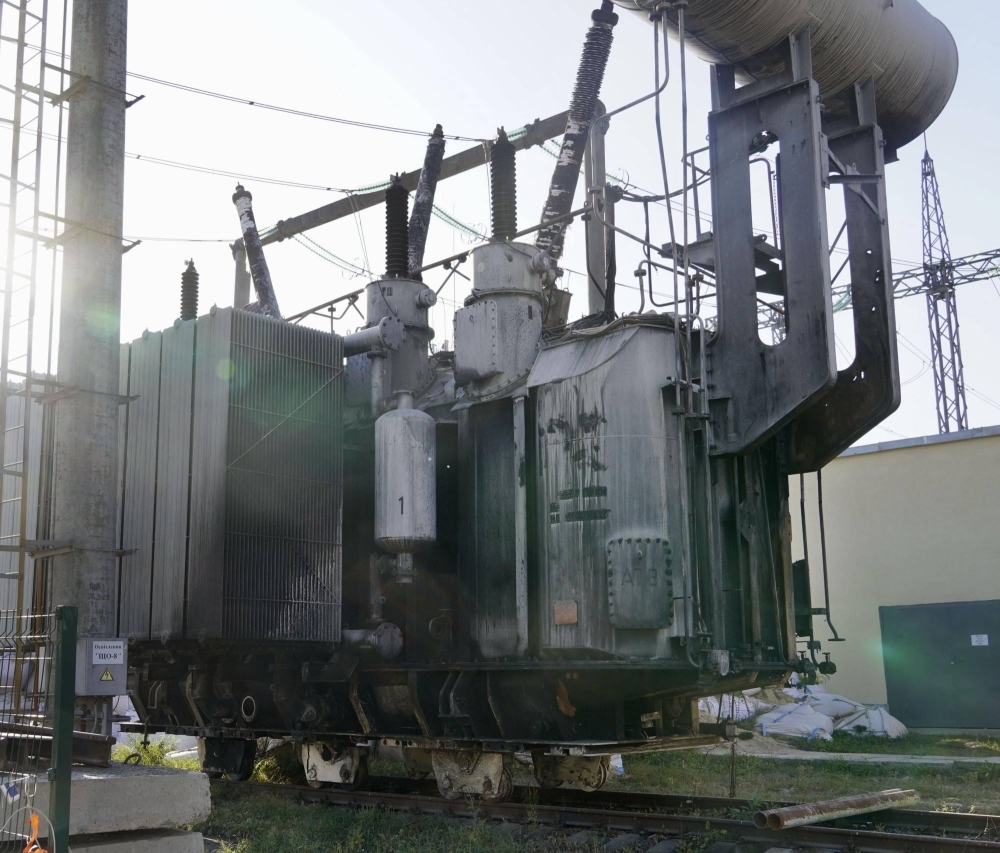 An electrical transformer at a power facility in central Ukraine damaged by Russian military attacks