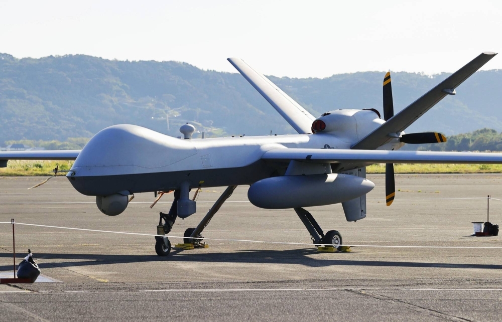 A U.S. military MQ-9 Reaper unmanned reconnaissance drone at a Maritime Self-Defense Force air base in Kanoya, Kagoshima Prefecture, in November last year