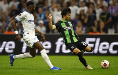 Brighton's Kaoru Mitoma kicks the ball during his team's Europa League match against Marseille in Marseille, France, on Thursday.
