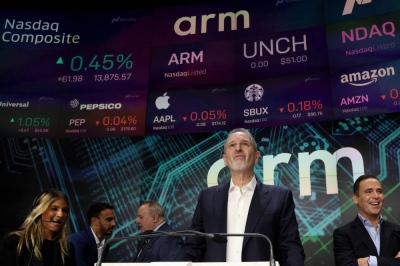 Arm CEO Rene Haas participates in the opening bell ceremony at the Nasdaq exchange in New York on Sept. 14 as the chip design firm holds an initial public offering.