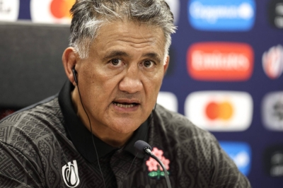 Japan head coach Jamie Joseph holds a news conference last month in Toulouse, France. 
