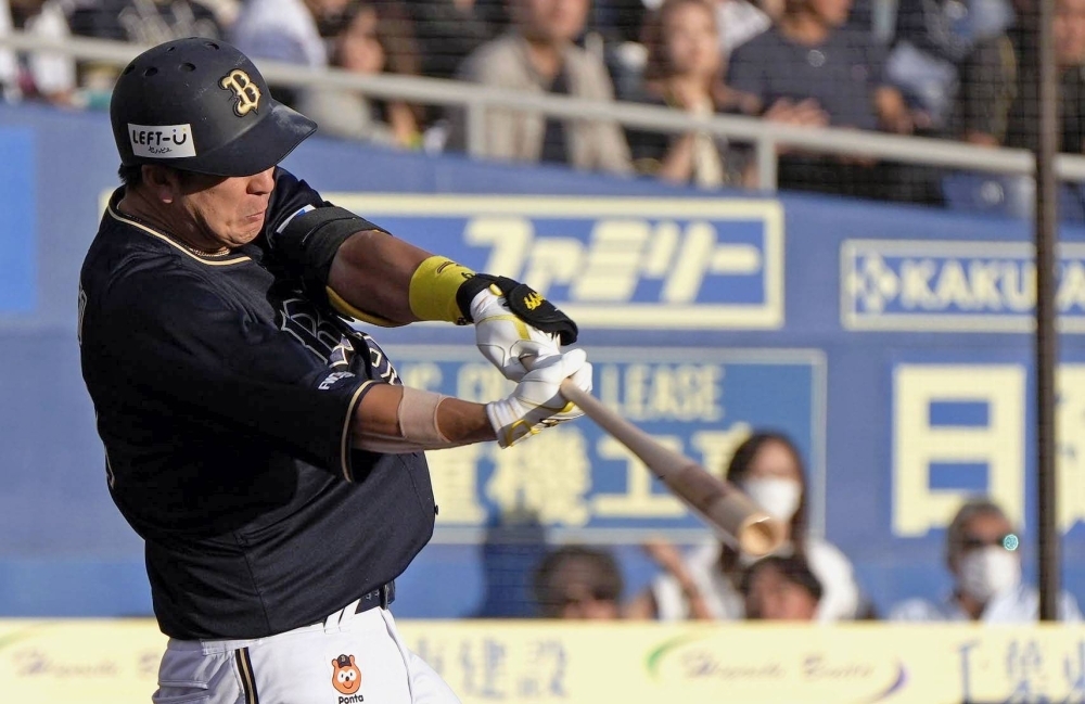 Orix's Yutaro Sugimoto hits his second home run of the day against the Marines at Zozo Marine Stadium in Chiba on Saturday.