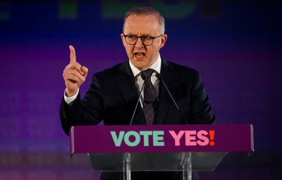 Australian Prime Minister Anthony Albanese speaks during a campaign launch in Adelaide for the "yes" vote in an upcoming referendum on whether to change the country's constitution to officially recognize Indigenous peoples. 