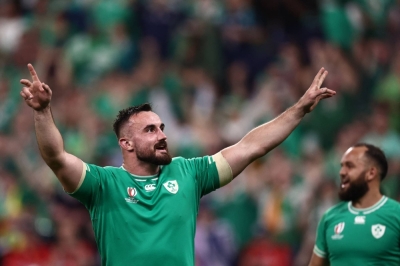 Ireland hooker Ronan Kelleher celebrates his team's win over Scotland in their 2023 Rugby World Cup Pool B finale at the State de France in Saint-Denis, outside Paris, on Saturday.