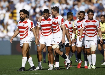 The Brave Blossoms leave the pitch after their loss to Argentina at the Rugby World Cup in Nantes, France, on Sunday.