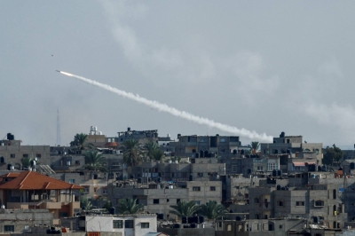 A rocket is fired from Gaza toward Israel on Saturday 