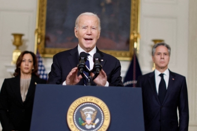 U.S. President Joe Biden, accompanied by Vice President Kamala Harris and Secretary of State Antony Blinken, delivers remarks Tuesday after speaking with Israeli Prime Minister Benjamin Netanyahu about the situation following Hamas' deadly attacks on Israel.