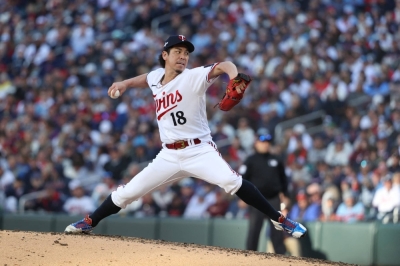 Twins reliever Kenta Maeda pitches against the Astros during the sixth inning of their ALDS Game 3 in Minneapolis, Minnesota, on Tuesday.
