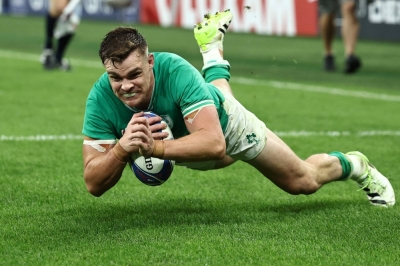 Ireland's Garry Ringrose scores a try during his team's Pool B match against Scotland at the Rugby World Cup in Saint-Denis, France, on Saturday.