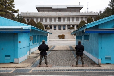South Korean soldiers stand guard at the Joint Security Area (JSA) in the Demilitarized Zone (DMZ) in the border village of Panmunjom in Paju, South Korea.