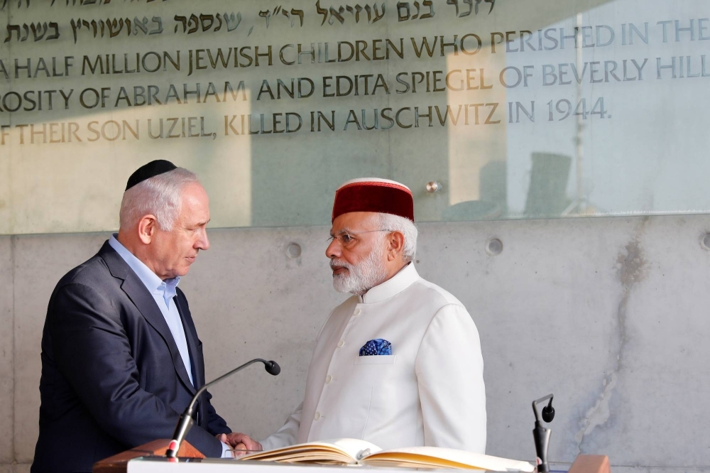 Indian Prime Minister Narendra Modi and his Israeli counterpart, Benjamin Netanyahu, visit the Yad Vashem Holocaust Memorial in Jerusalem in July 2017. 
