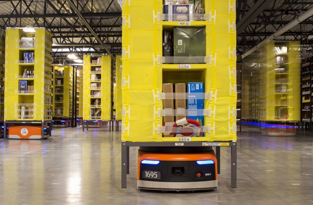 Kiva robots move inventory at an Amazon fulfilment center in Tracy, California.