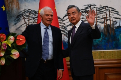 EU foreign policy chief Josep Borrell and Chinese Foreign Minister Wang Yi attend talks at the Diaoyutai State Guest House in Beijing on Friday.