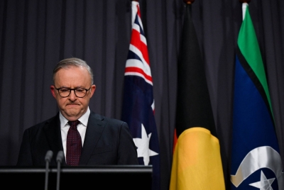 Australian Prime Minister Anthony Albanese speaks at Parliament House in Canberra on Saturday following the defeat of the Voice referendum.