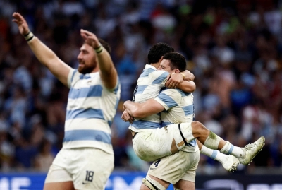 Argentina players celebrate after their 2023 Rugby World Cup quarterfinal win over Wales in Marseille, France, on Saturday.