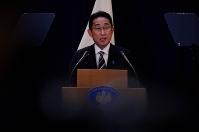 Prime Minister Fumio Kishida addresses members of the media during a news conference on the sidelines of the United Nations General Assembly in New York last month.