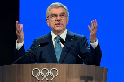 International Olympic Committee President Thomas Bach speaks on the first day of the 141st IOC Session in Mumbai on Sunday.