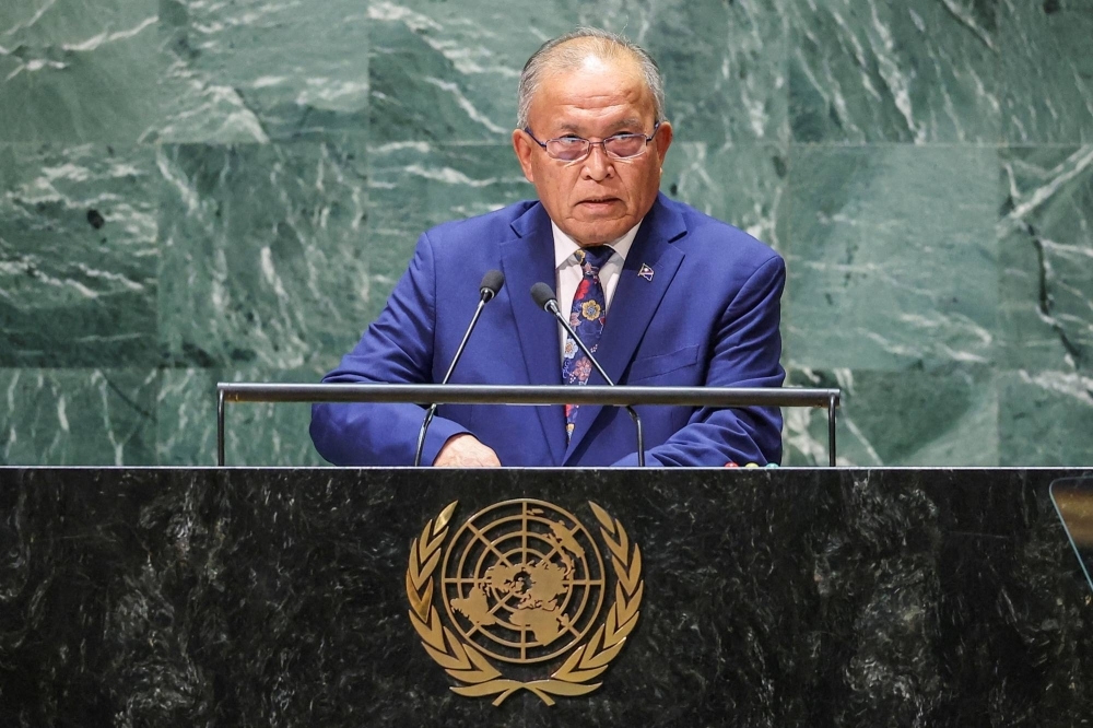 Marshall Islands President David Kabua addresses the 78th Session of the U.N. General Assembly in New York on Sept. 20. 