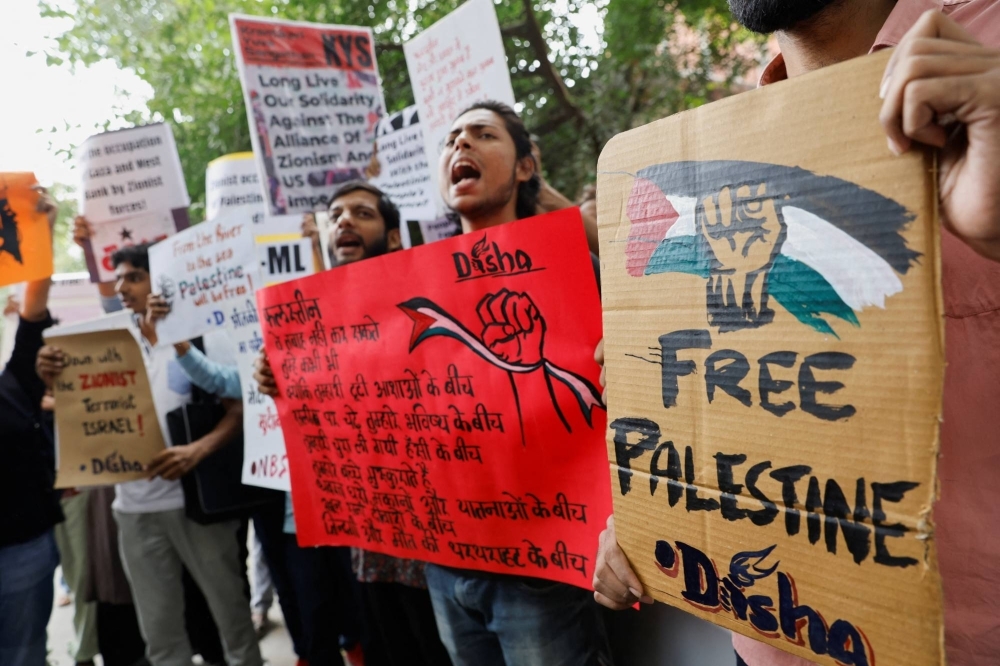 Various student and left-wing organizations march in support of Palestinians in New Delhi on Monday. 

