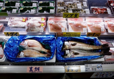Locally caught seafood at the Hamanoeki Fish Market and Food Court in Soma, Fukushima Prefecture, on Aug. 31